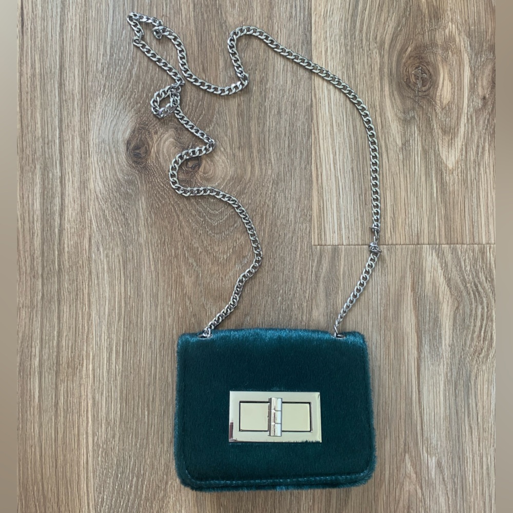 Free People emerald dark green faux fur chain cross body handbag event holiday